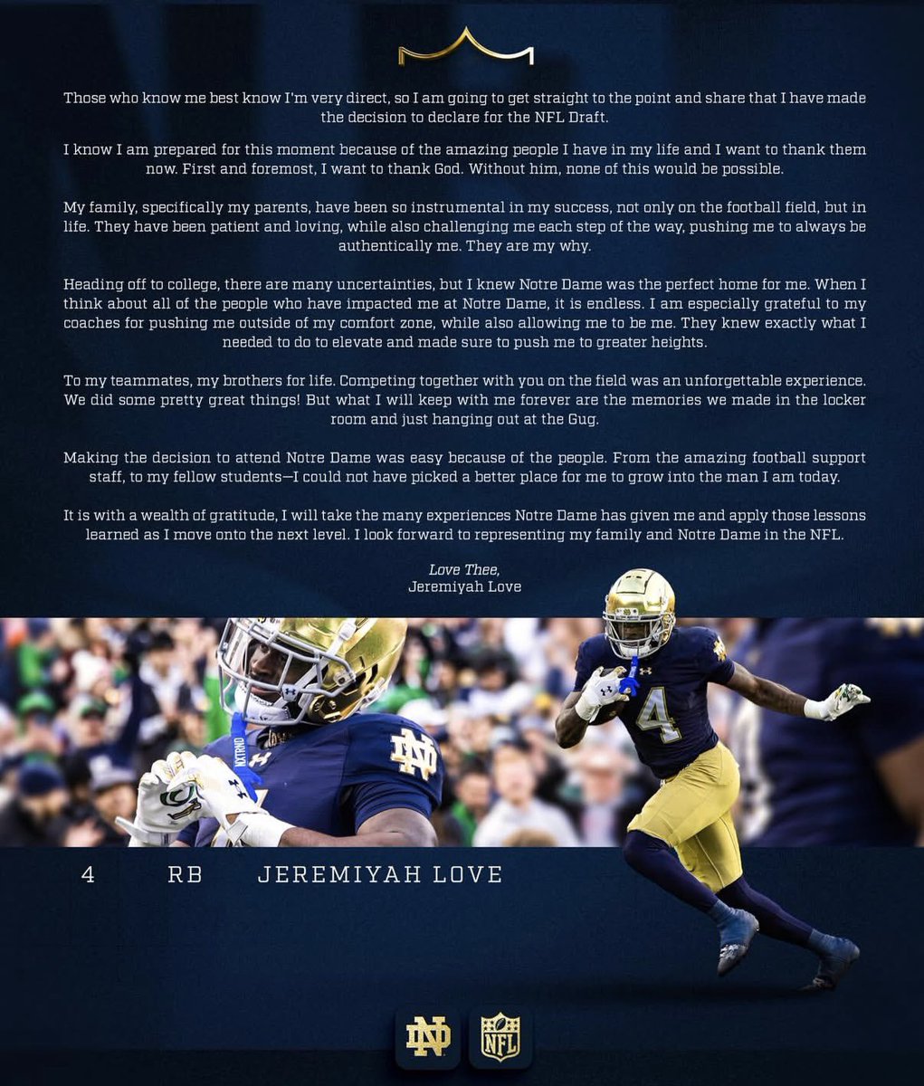PeteSampson_'s tweet image. Jeremiyah Love declares for the NFL Draft. RB1.