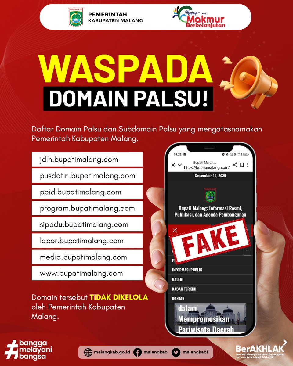 INSPkabmalang's tweet photo. WASPADA!!
Domain Palsu yang mengatasnamakan Bupati Malang.

Domain tersebut TIDAK DIKELOLA oleh Pemerintah Kabupaten Malang. https://t.co/r6IR2sENdL