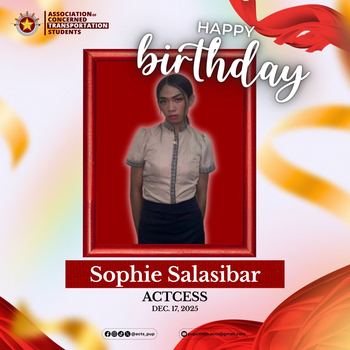 acts_pup's tweet image. ✨ 𝐇𝐚𝐩𝐩𝐲 𝐁𝐢𝐫𝐭𝐡𝐝𝐚𝐲, 𝐌𝐬. 𝐒𝐨𝐩𝐡𝐢𝐞! ✨
Your energy lights up our PR team! 💙 Here’s to another year of joy, success, and unforgettable moments. 🥂🎉

#CTHTM #ACTS #BSTRM #BSTMTRTM #PUPACTS #TransportingTheLifebloodOfExcellence