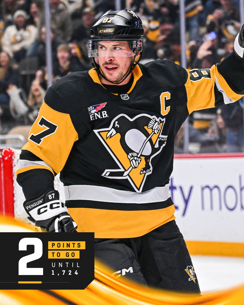 penguins's tweet image. Sidney Crosby is just TWO points away from passing Mario Lemieux to become the Penguins' all-time points leader.