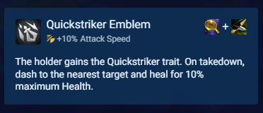 AesahTFT's tweet photo. 12/768 in Paris, top 2'd more than half my games. In those games, took Frying Pan every single opportunity I had which frequently went to last pick. The main reason is to build Quickstriker and play Kindred on flex boards, which gives +15% teamwide attack speed at the 2 piece. This effectively trades 1 item into a teamwide combat augment lategame (equal to a fully stacked Pumping Up I).

The item itself is worth a bit less than 1/2 of a craftable item, so put it on a weaker unit (Shyvana or Fiddle are good if they aren't your main carries).

Frying Pan is very powerful on other boards as well. for example, many players used their VERY precious extra unit slot in vertical Void to play Bruiser- you can just make a Bruiser emblem instead!

ONLY take Spat if you have a reforger already, don't gamble on hoping you get dropped one.

Backup options I used if I missed Bow from anvil:
-Vanquisher is only worth 1/2 of an item, but it buffs two units (Fiddle + the unit you use it on)
-Defender and Juggernaut are worth close to a full tank item (3/4 Jugg is fine don't try to fit 4)