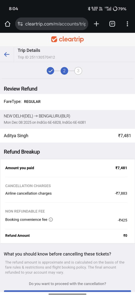 Adino0000's tweet photo. Hello @Cleartrip @flipkartsupport @Flipkart my flight got canceled on 7th Dec,and indigo refund 100% amount but it's not credited to my bank, when checked via flipkart travels(Cleartrip) it's showing 0rs final refund. Why you people have not refunded the amount? https://t.co/pidAWbNPTa