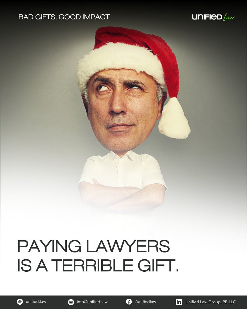 unifiedlaw's tweet photo. 🎁 Paying lawyers is a terrible gift.
Funding causes you love isn’t.

At #UnifiedLaw, 5% of every fee funds legal help for nonprofits and social enterprises. Real impact. https://t.co/YjHpEB7fBW