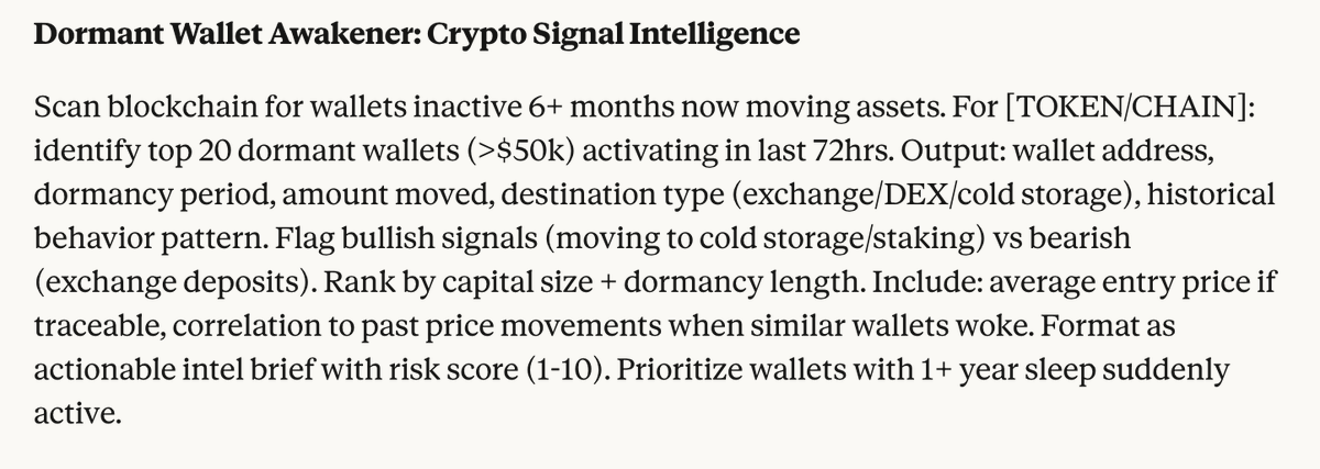 VictorCashflow's tweet photo. Dormant wallet activation = smart money telegraph. This prompt decodes what whales do before everyone knows. 

For best results use with Perplexity Research Pro. https://t.co/yZerurw76b