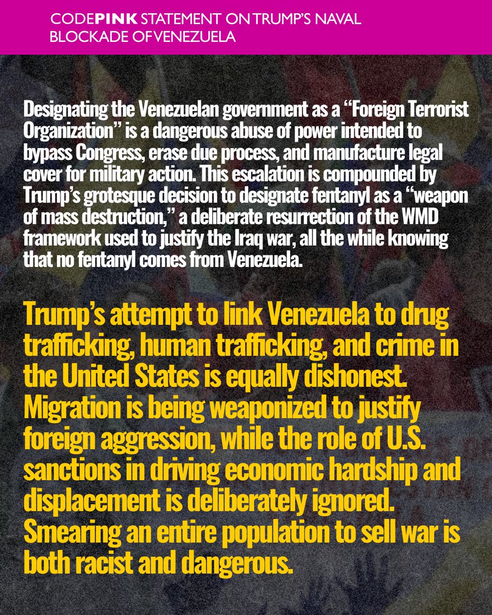 A naval blockade is an act of war. Trump is escalating from sanctions to siege and open threats against Venezuela. CODEPINK condemns this dangerous, lawless move. VENEZUELA IS NOT U.S. PROPERTY.  Read the statement: codepink.org/vznavalblockag…