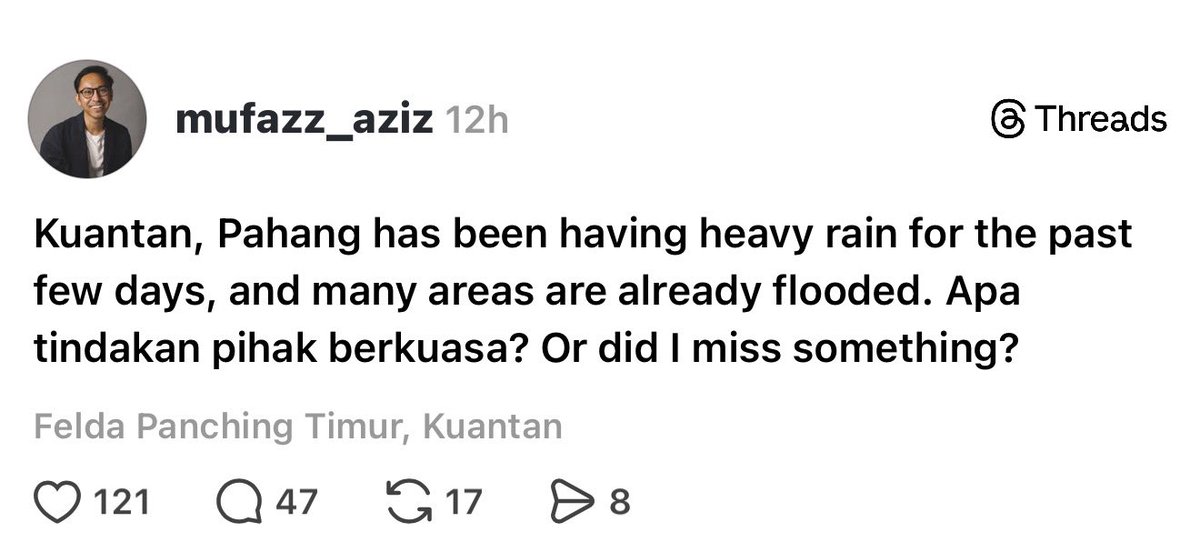 Sejenis post mencari perhatian murahan atau nak provoke. Kerajaan Pahang dah siap sedia banjir months in advance dah. Bilik gerakan banjir dan PBT dah turun padang dah pun. Langkah sewajarnya sedang dan dah dibuat. Aku anggap Mufazz ni baru pindah Kuantan.