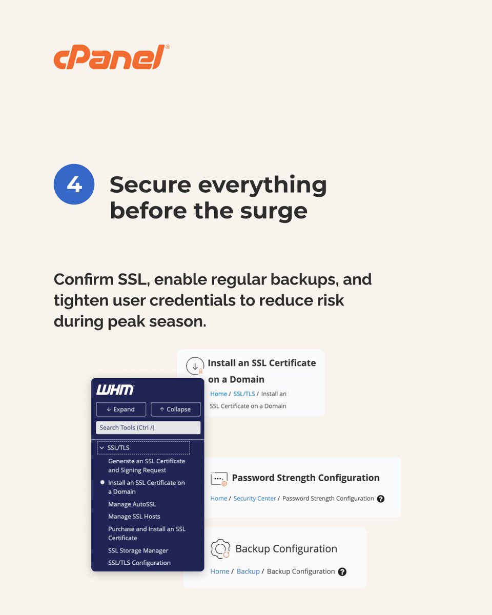 cPanel's tweet image. Holiday traffic is coming. Is your server ready? 

✅ Monitor CPU/RAM &amp;amp; disk in WHM 
✅ Track uptime + response 
✅ Tune PHP/Apache/MySQL 
✅ Check SSL, backups &amp;amp; logins 

Prep now so you don’t spend the holidays fighting downtime. #cPanel