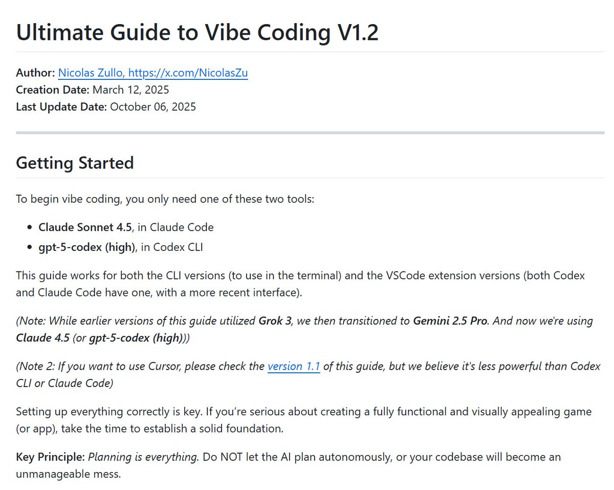 sitin_dev's tweet image. I dug up 4 great open-source GitHub projects that make this workflow actually work in practice:

• AI Code Guide – a roadmap for non-coders to adapt to AI-first development

• Vibe Coding Prompt Templates – structured prompts that force PRD + planning before code

• Vibe…