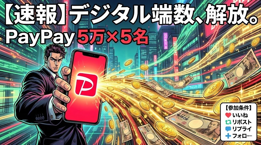 okanekubaribon's tweet photo. 【PayPay速報】財布を出すのも面倒な時がある。

俺のポケットに入っていたデジタルな「端数」をくれてやる。
5万円あれば、コンビニで豪遊できるだろ？

🎁 PayPay5万円 × 5名

欲しけりゃ奪いに来い。早い者勝ちだ。

▼参加条件
①フォロー(@okanekubaribon )
②このポストをリポスト 
③このポストをいいね
④リプで好きな絵文字を送れ