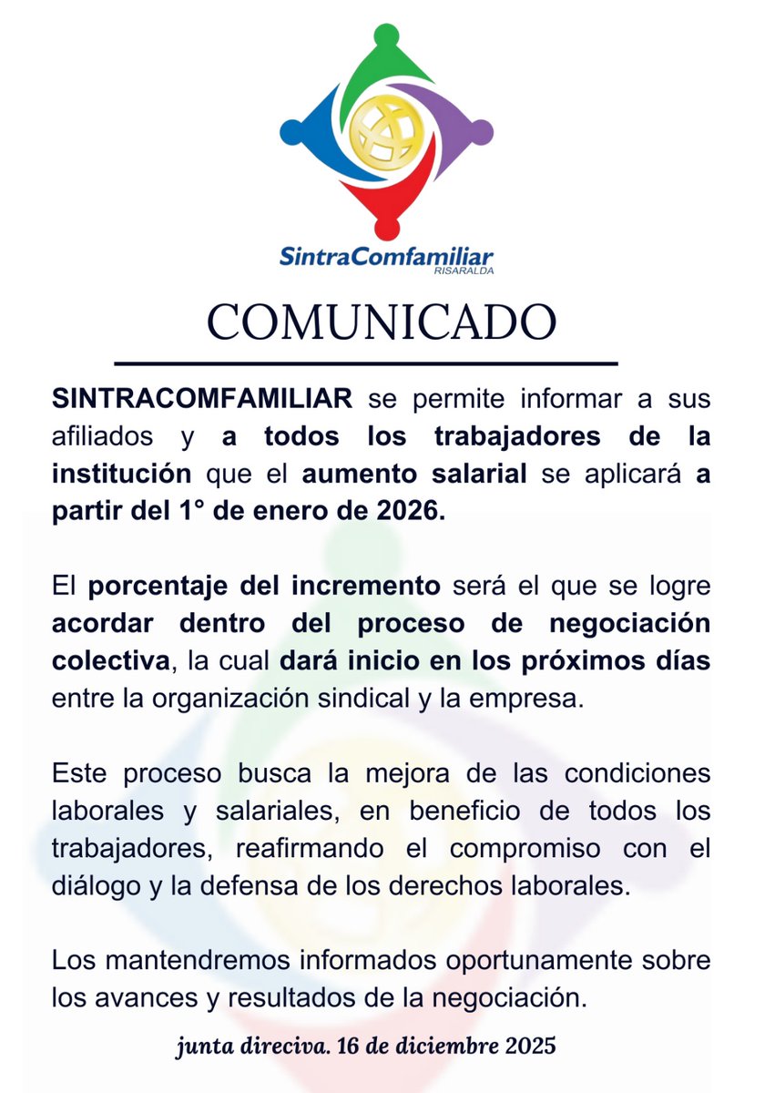SintraComfaRda's tweet photo. 🚨📢 ALERTA SINTRACOMFAMILIAR
El aumento salarial aplicará desde 1° de enero de 2026 💰
El porcentaje se definirá en la negociación colectiva 🤝
📄 Revisa el PDF adjunto para más info. https://t.co/HHATu39MM9