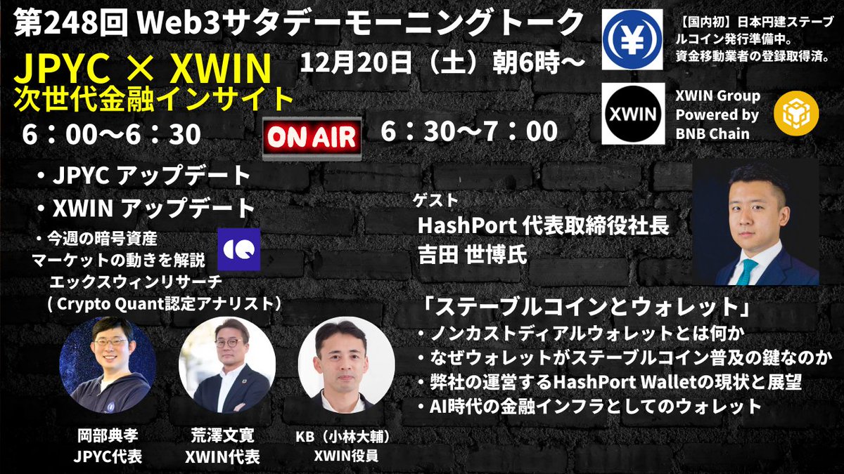 FumihiroArasawa's tweet photo. 第248回 JPYCとエックスウィンラジオ：「ステーブルコインとウォレット」 
HashPort 代表取締役社長 吉田 世博氏 @seihakuyoshida

次世代金融・Web3.0のパイオニアが語る特別な1時間！  
朝活といえば、このスペース！
「JPYC × xWINの語らい」  

⏰ 12月20日（土）朝6時～7時
📝 タイムスケジュール
・JPYCアップデート @noritaka_okabe 
・エックスウィンアップデート @fumihiroarasawa 
・今週の暗号資産マーケットの動きを解説 @diceK_koba
     エックスウィンリサーチ ( Crypto Quant認定アナリスト）
・ゲスト：HashPort 代表取締役社長 吉田 世博氏 @seihakuyoshida
「ステーブルコインとウォレット」
・ノンカストディアルウォレットとは何か
・なぜウォレットがステーブルコイン普及の鍵なのか
・弊社の運営するHashPort Walletの現状と展望
・AI時代の金融インフラとしてのウォレット

当日のスペース
https://t.co/hEwEJjU1Qt

#朝活 #Web3 #DeFi #JPYC #xWIN #暗号資産 #投資信託 #金融業界向け社内研修 界向け社内研修 （https://t.co/DeI63FL52j）#BCCC
———————————————————————————————————————————-
過去はこちら

第247回 「DATはオワコンなのか？」  よんくろう氏 ｜SVC Inc. @yonkuro_awesome
https://t.co/j4BBPkFufp

第246回  Issei氏  SequenceのHead of APAC BD & Partnership 「チェーンアブストラクションについて」
https://t.co/F7jSXYi4zD

第245回 JPYCとエックスウィンラジオ：「暗号資産交換業者の本当の役割」 
もうだい氏   @Cointrade_cc @moudai_x
https://t.co/bScPZ2OKXM

第244回 JPYCとエックスウィン Web3サタデーモーニングトーク  
ツッツーさん| 元KADOKAWA編集長 @tsutsu722
「アニメ民主化とポスト資本主義」
https://t.co/Ei01QZi6EQ

第243回 「UPBONDが描く“Web3を感じさせない”旅行体験とは」 Gin Takashi Mizuoka UPBOND CEO @GinJapanTM 
https://t.co/0rD0TIAwri

第242回 「元自衛隊→Web3へ：ウォレット開発とステーブル革命の裏側」 @oxyboy32
https://t.co/d7YDH1UNQ8

第241回 「暗号資産による次世代リスクマネジメント」Yoshi Abe氏 (Hyperithm CSO)@abeairb
https://t.co/LV3I5Sc6zw

第240回 Joe高山とは何者か── 静かに市場を見つめる男 Joe Takayama氏 @TakayamaJoe
https://t.co/pjgXIEyPI2

第239回 イーサン氏 at HEALTHREE 「M2Eはオワコン！？今急成長中の"無料で稼げる" ウォーキングゲーム」@Ethan_web3
https://t.co/LUgU8LlHj9

第238回 「専門家が語る。今後のWeb3はどこへ向かうのか？」@mitsuiio
https://t.co/WfmY8Fa2vy

第237回 「体験・交流・学びのハブ ─ Crypto Cafe & Bar オーガナイザーコミュニティの裏側」 
けめ(kimi)さん @anubis_pj Crypto Cafe & Bar @CryptoCafenBar
https://t.co/yRrmFO7F3k

第236回 JPYCとエックスウィンラジオ：「暗号資産税制の最前線─第一人者が語る最新動向と展望」 
八木橋泰仁氏  税理士法人ファシオ・コンサルティング
パートナー 代表社員税理士 @yasuyagihashi
https://t.co/C6Cy4in4xT

第235回 JPYCとエックスウィンラジオ：「暗号資産交換業者の本当の役割」 
もうだい氏   @Cointrade_cc
https://t.co/dmZqraYtyF

第234回 JPYCとエックスウィンラジオ：「web3ワーカーという生き方」 taka.eth 氏   Founder of boarding bridge @taka_eth
https://t.co/B5ZUDyPNtR

第233回 JPYCとエックスウィンラジオ：ゲスト出演 『エンタメ×ブロックチェーンの未来』 女優 あいだあいさん @ai_da_ai
https://t.co/gickwFy5Mk

第232回 超豪華企画２本立て JPYCとエックスウィン
◆JPYC 岡部さんが語る
◆Yuki Kamimoto | 神本 侑季氏 CoinDesk JAPAN / N.Avenue CEO 
書籍『Web3・暗号資産 13人の未来予測』裏話
https://t.co/y3vNZAwMrb

第231回 超豪華企画２本立て JPYCとエックスウィン
Web3って技術は本当に面白い！はるきさん  UNCHAIN Community Lead @haruki_web3
https://t.co/IGdda88ojW

第230回 ゲスト: 衆議院議員  中村はやと氏（茨城七区 
古河市 境町 坂東市 常総市 結城市 下妻市 八千代町 五霞町） 
   「中村はやと氏が語る政治のあるべき姿」
👉https://t.co/F3fdjz9zxY

第229回 ゲスト: 橘 博之氏マイナウォレット株式会社 代表取締役  
 「Web3スタートアップ最前線：MynaWallet CEOが語るリアルと未来」
👉https://t.co/M3OC6RSdwz

第228回 ゲスト: DeFitterジョンさん @fitter_de
 「DeFitterジョン参上！Web3界隈は今日も生き地獄？天国？」
https://t.co/MAlaWPr0fU

第227回 
ゲスト: Takeshiさん 「日給100万円の男」 @Takeshi_web5
https://t.co/gRB7cIBleM

第226回 Yukiさん（Aptos Japan) @yuuki_gakutore
「Aptos Japanが目指す姿」
https://t.co/DXuFQy0ZeY

第225回 🩷Achico🩷さん @achiko1855
「日本人が直面する現実と、資産防衛としてのビットコインという選択」
https://t.co/ECZ0ls6MYE

第224回 ブロックチェーン推進協会 代表理事
平野 洋一郎氏（アステリア株式会社 代表取締役社長）
「ブロックチェーン推進協会の目指すところ」
https://t.co/7gVY8KNki0
@bccc_global

第223回 「仮想NISHIさんとは何者か？」仮想NISHIさん @Nishi8maru
https://t.co/QmhjnwilgT

第222回 「自称、暗号資産の家庭教師がやってきた」ベル🐤勝てる暗号資産さん @beru_crypto
https://t.co/yJDQDU14Up

第221回 ゲストはクリプトガール・暗号通貨先物トレーダーのLisaCrypTokyoさん 
@cskebf4ever719
 「英語の学び方、イギリス生活、海外生活、クリプトなど」なんでも聞いてください。
https://t.co/LVbnVM3wpP

第220回「日本企業がWeb3でスケールする際に必要なこと。」 ビットコイン大佐さん @BingBinx808
https://t.co/ufeinuVRIh

第219回 「世界のWeb3スタートアップの動き」 Aptos Horizon Program 
AngelHack Jastinさん @AngelHack