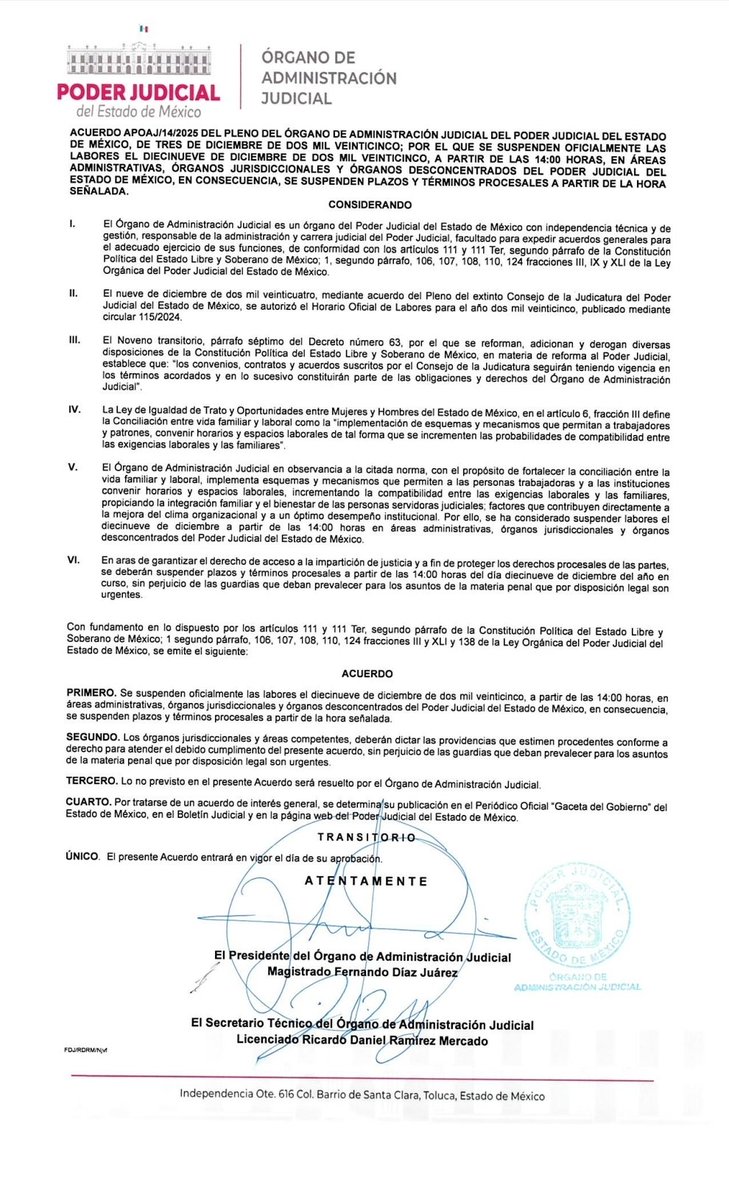 ⚖️ Este viernes los juzgados cierran a las 2 pm

Este viernes, a partir de las 2:00 de la tarde, los juzgados del Estado de México cierran y se suspenden plazos y términos procesales.
Desde ese momento arranca el periodo vacacional.