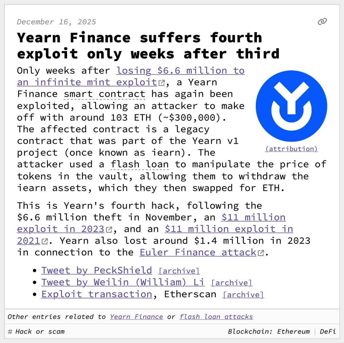 Yearn Finance suffers fourth exploit only weeks after third December 16,  2025