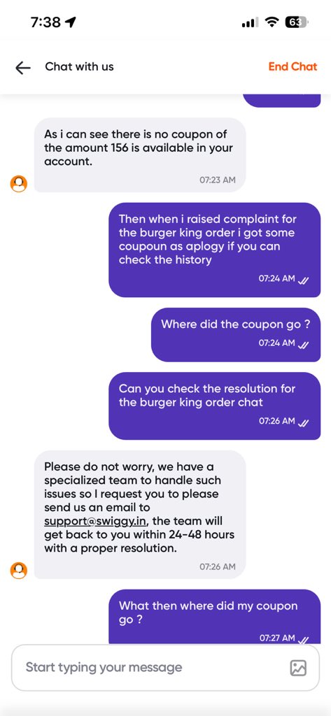 furious459's tweet photo. @SwiggyCares @Swiggy this is how your executives just pass the situation with customers requests and simply try to close the call I cleary remember as a apology for my missing order i was given a coupon but its now not showing in my account they arent even able to understand it https://t.co/9WzGhb7HNm