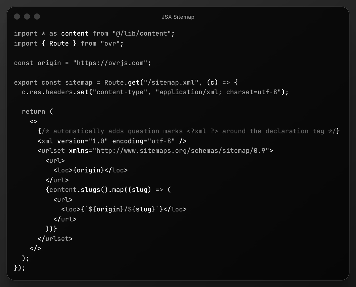 rossrobino's tweet photo. Stop writing XML in strings - generate a sitemap with JSX using ovr: https://t.co/HwwEv8yKwZ