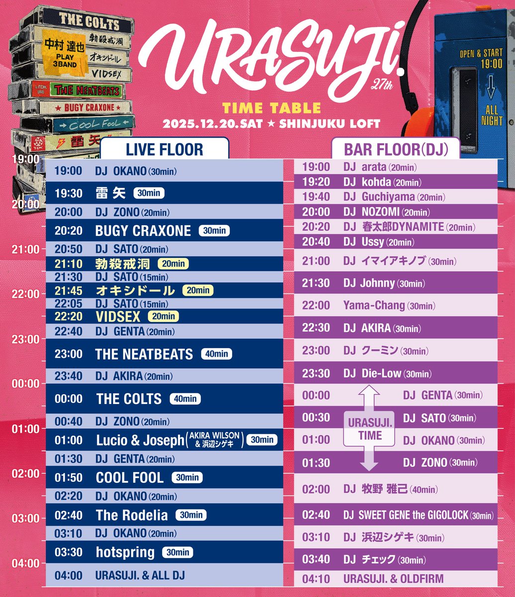 2025年12月20日
URASUJI.

タイムテーブル一部時間表記に間違いがあり修正してます！ウッシーごめんね！

あと3日！
