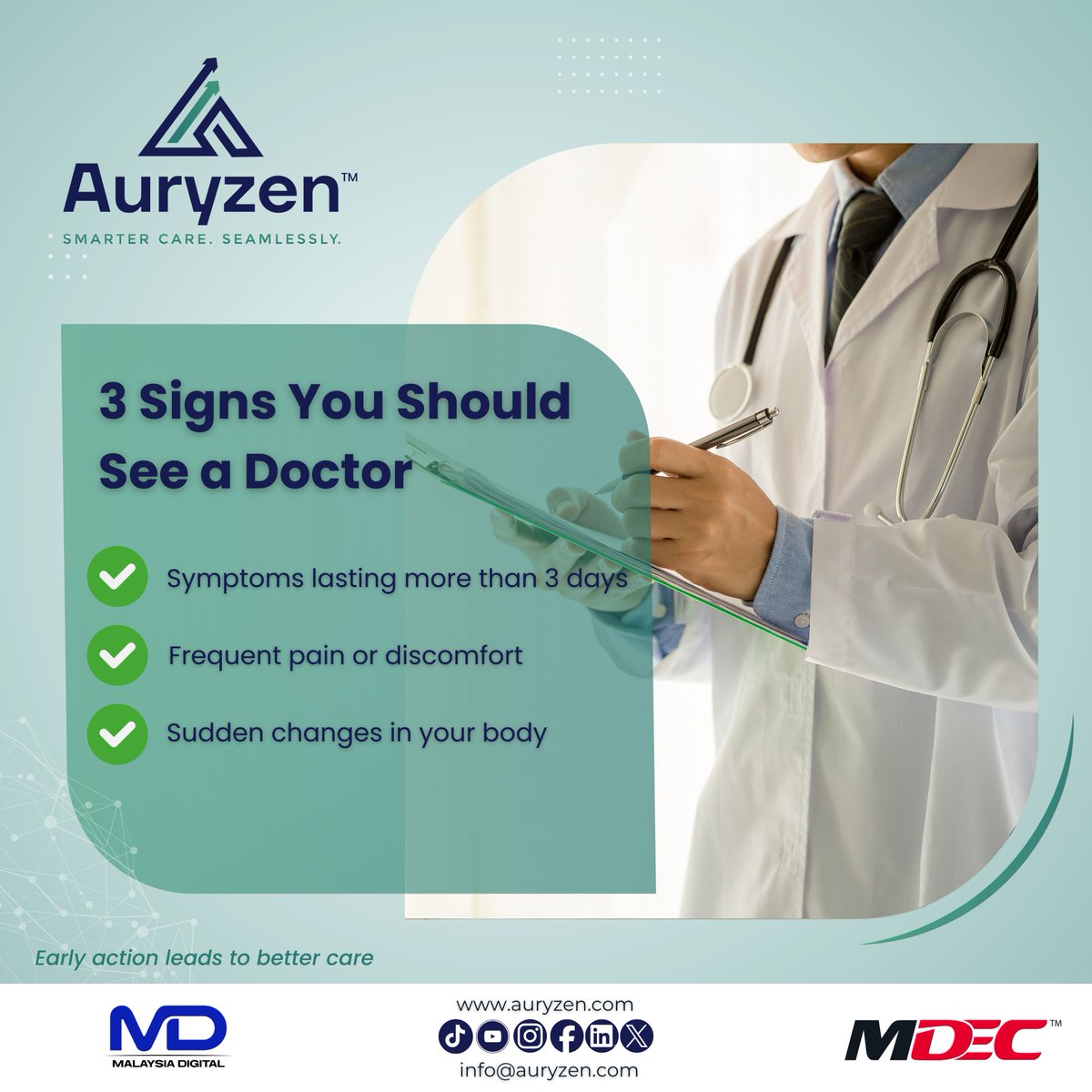 AuryzenHealth's tweet photo. Not sure when to visit a doctor? Persistent symptoms lasting more than 3 days, frequent pain or discomfort, and sudden changes in your body are signals to seek professional care. 

🔗 Visit: https://t.co/mmbOz5ejCp

#Auryzen #DigitalHealthcare #Malaysia https://t.co/bBu8MRJyZk