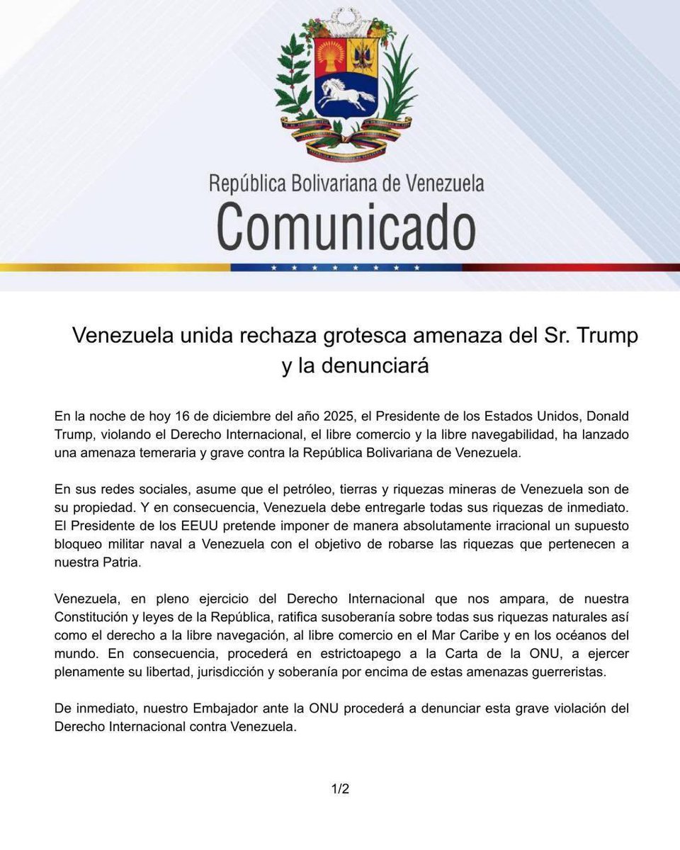 Nuestro enérgico rechazo al bloqueo naval del gobierno de #EEUU a #Venezuela.
Apoyamos firmement...