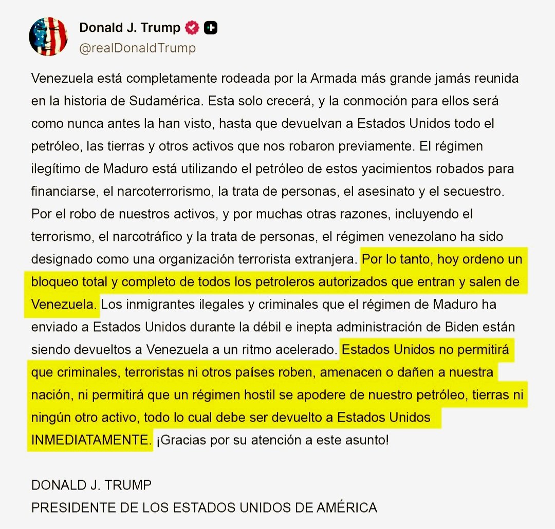 Donald Trump ordena bloqueo total de todos los petroleros que entren o salgan de Venezuela.