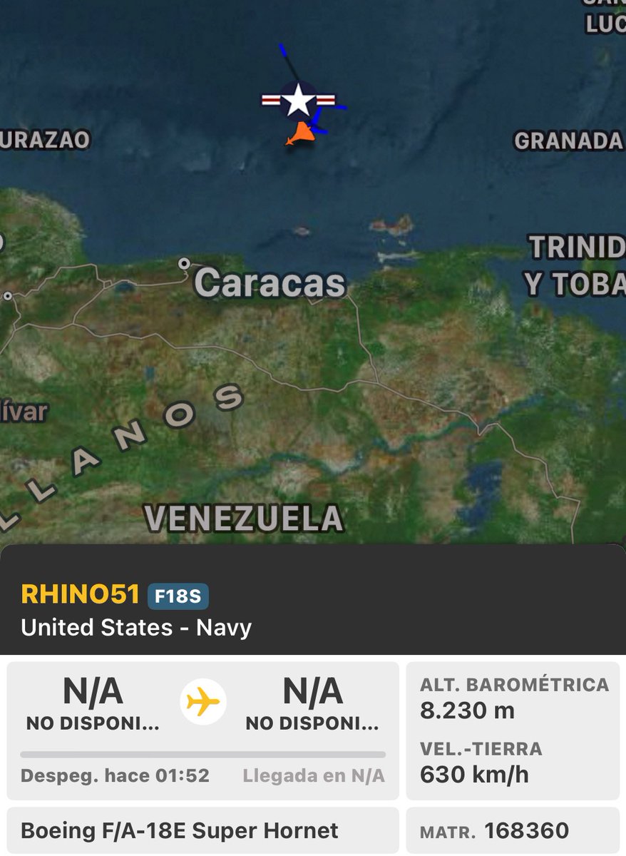 🇺🇸 F/A-18E Super Hornet RHINO51 is off the coast of Venezuela in the Caracas area.
#VenezuelaLibre #FreeVenezuela