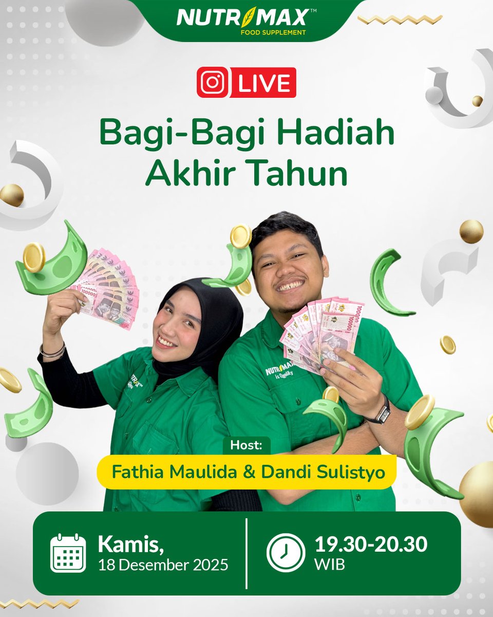 Join IG Live Bagi-Bagi Hadiah Akhir Tahun dari Nutrimax pada:
📆 Kamis, 18 Desember 2025
🕣 19:30-20.30 WIB

Tinggal join, jawab pertanyaannya dan siap bawa pulang hadiahnya!

FREE ENTRY: instagram.com/nutrimax_indon…