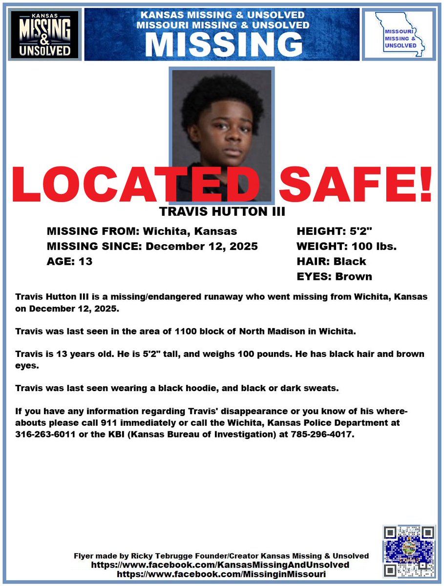 TRAVIS HAS BEEN #LOCATED SAFE!!! THANK YOU TO ALL WHO SHARED HIS FLYER!!!

#MISSINGPERSON #MISSING <a href="/AnnetteLawless/">Annette Lawless 🌻</a> #KansasMissing #MissingInKS #MissingInKansas #MissingKansan #Wichita #Kansas