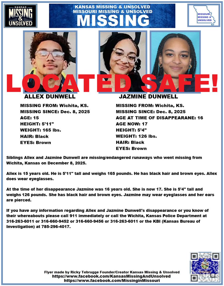 ALLEX &amp; JAZMINE HAVE BEEN #LOCATED SAFE!!! THANK YOU TO ALL WHO SHARED THEIR FLYER!!!

#MISSINGPERSON #MISSING <a href="/AnnetteLawless/">Annette Lawless 🌻</a> #KansasMissing #MissingInKS #MissingInKansas #MissingKansan #WichitaKansas #Wichita #Kansas