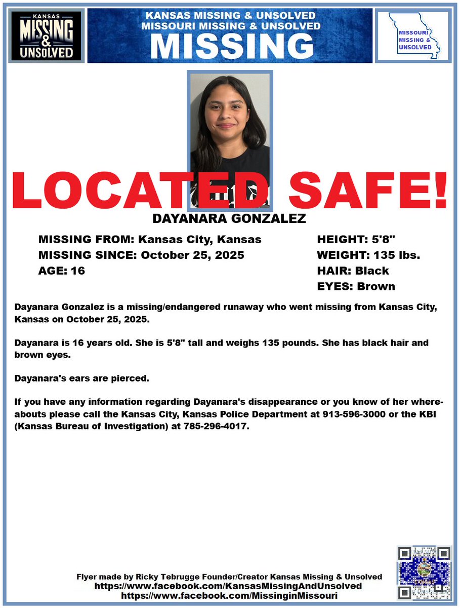 DAYANARA HAS BEEN #LOCATED SAFE!!! THANK YOU TO ALL WHO SHARED HER FLYER!!!

#MISSINGPERSON #MISSING <a href="/AnnetteLawless/">Annette Lawless 🌻</a> #KansasMissing #MissingInKS #MissingInKansas #MissingKansan #KansasCity #Kansas