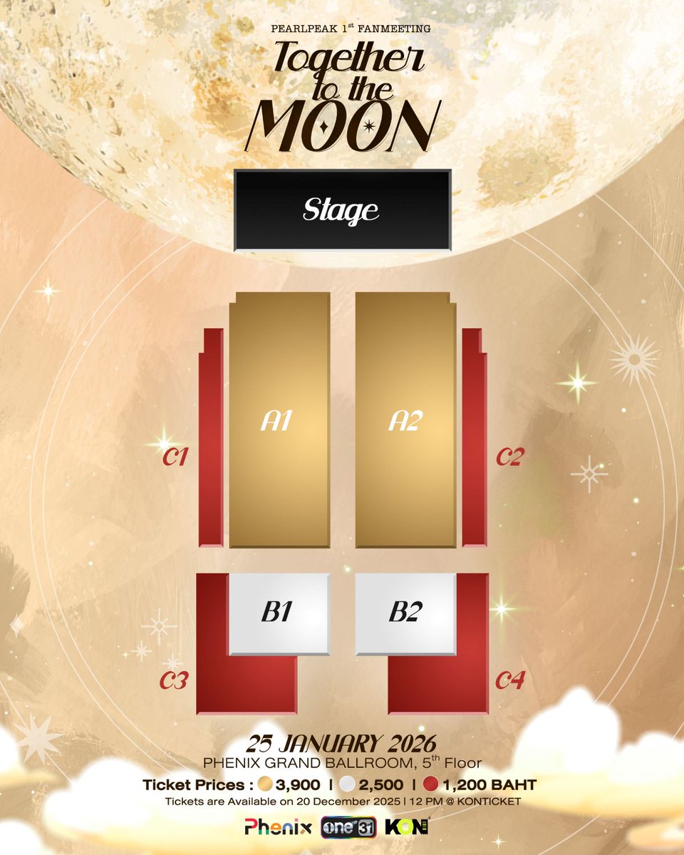 Konticket_TH's tweet photo. Get ready for special, up-close moments with

PearlPeak 1st Fanmeeting: 
Together to the Moon 🌙💛

🚀 Date: January 25, 2026
📍 Venue: Phenix Grand Ballroom, 5th Floor
🎟️ Ticket Prices: 3,900 / 2,500 / 1,200 THB

🌕 Ticket Sales Start: December 20, 2025 | 12:00 PM
🔗 Available at: https://t.co/QaPRzGlbXV

#PearlPeakTogetherToTheMoon
#PearlPeak #เพิร์ลพีค
#ช่องวัน31 #oneconnection
#KONticket