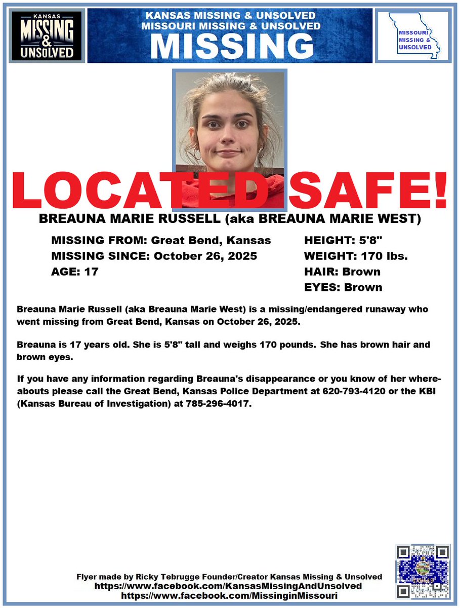 BREAUNA HAS BEEN #LOCATED SAFE!!! THANK YOU TO ALL WHO SHARED HER FLYER!!!

#MISSINGPERSON #MISSING <a href="/AnnetteLawless/">Annette Lawless 🌻</a> #KansasMissing #MissingInKS #MissingInKansas #MissingKansan #GreatBend #Kansas