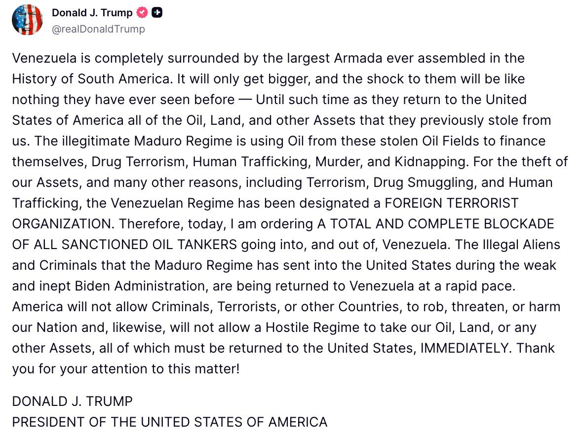 sentdefender's tweet image. U.S. President Donald J. Trump announced tonight that he is ordering “A TOTAL AND COMPLETE BLOCKADE OF ALL SANCTIONED OIL TANKERS” going into, and out of, Venezuela, adding that the country is “completely surrounded by the largest Armada ever assembled in the History of South…