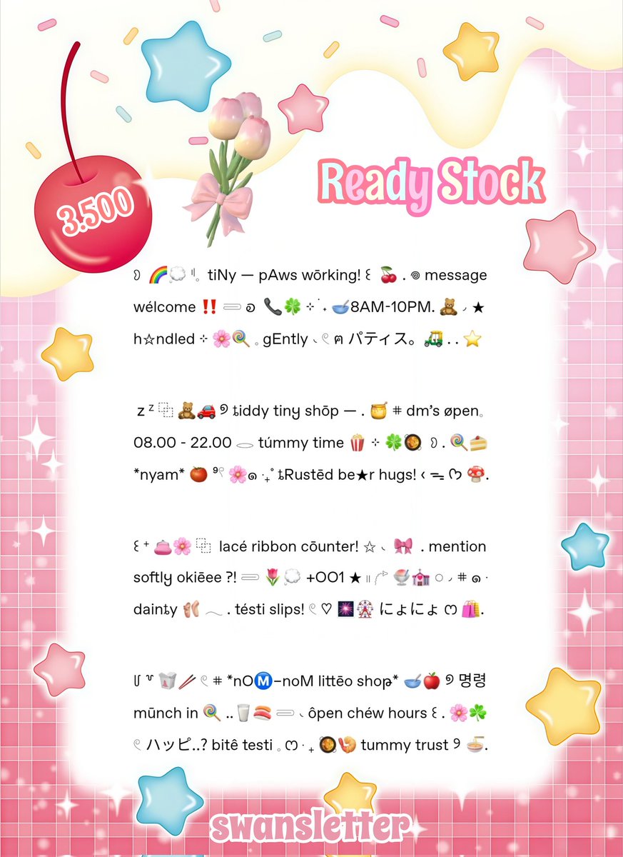 swansletter's tweet photo. ㅤ
ෆ ๑ ‧₊˚ ⿻ 🧸🥛 . . 💬🍎 ”
💌 help rt pleasee, ayigatōu ‼️

heⓂ️lOōo cahabaȶ nyimup ;0 me bawain wording bio ready stock rs buat ba enih 🍀🚗. yUukk jajank! 𝟯.𝟱𝟬𝟬/each sajaaa iaa bub 🐱💤 leȶcg🅾️o abiciiin 🌸☎️. and թlss mt after dm iaaa 𓂃 💗💭 ;33.

t. #zonauang bio rs https://t.co/hVejYL9XzC
