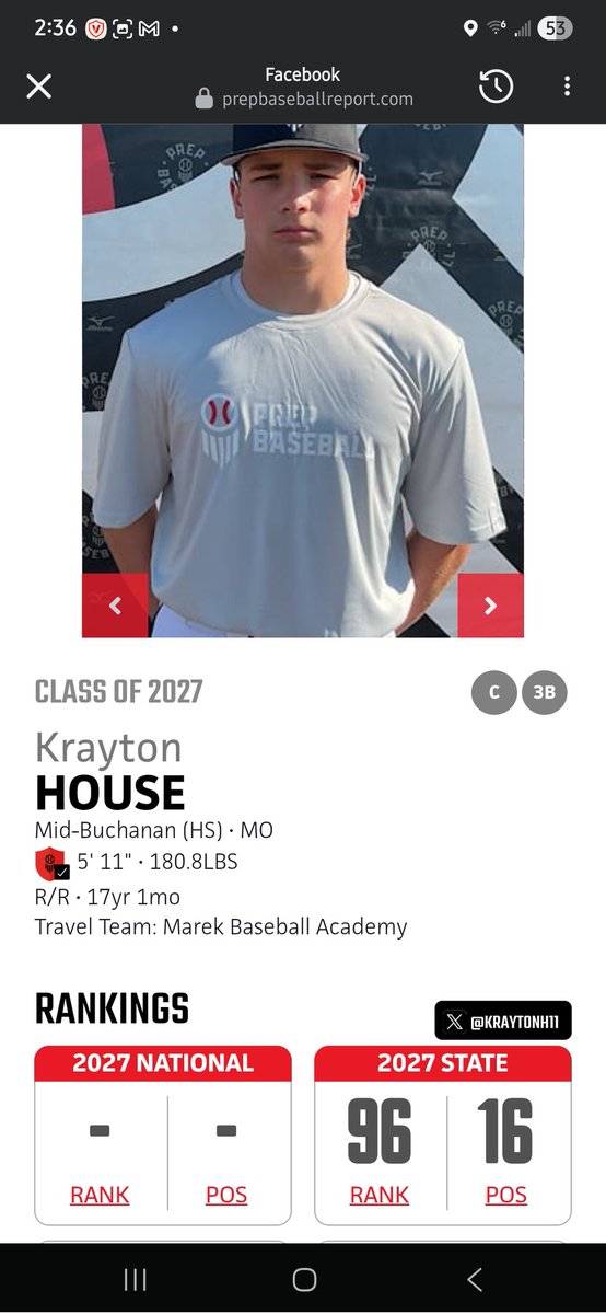 kraytonh11's tweet image. Updated @PrepBaseballMO rankings.  Moved up to 16th ranked in the 2027 class for my position. prepbaseballreport.com/rankings/MO/20…
@MBHardBall @tmarek3 @tplante2112 @MarekAcademy