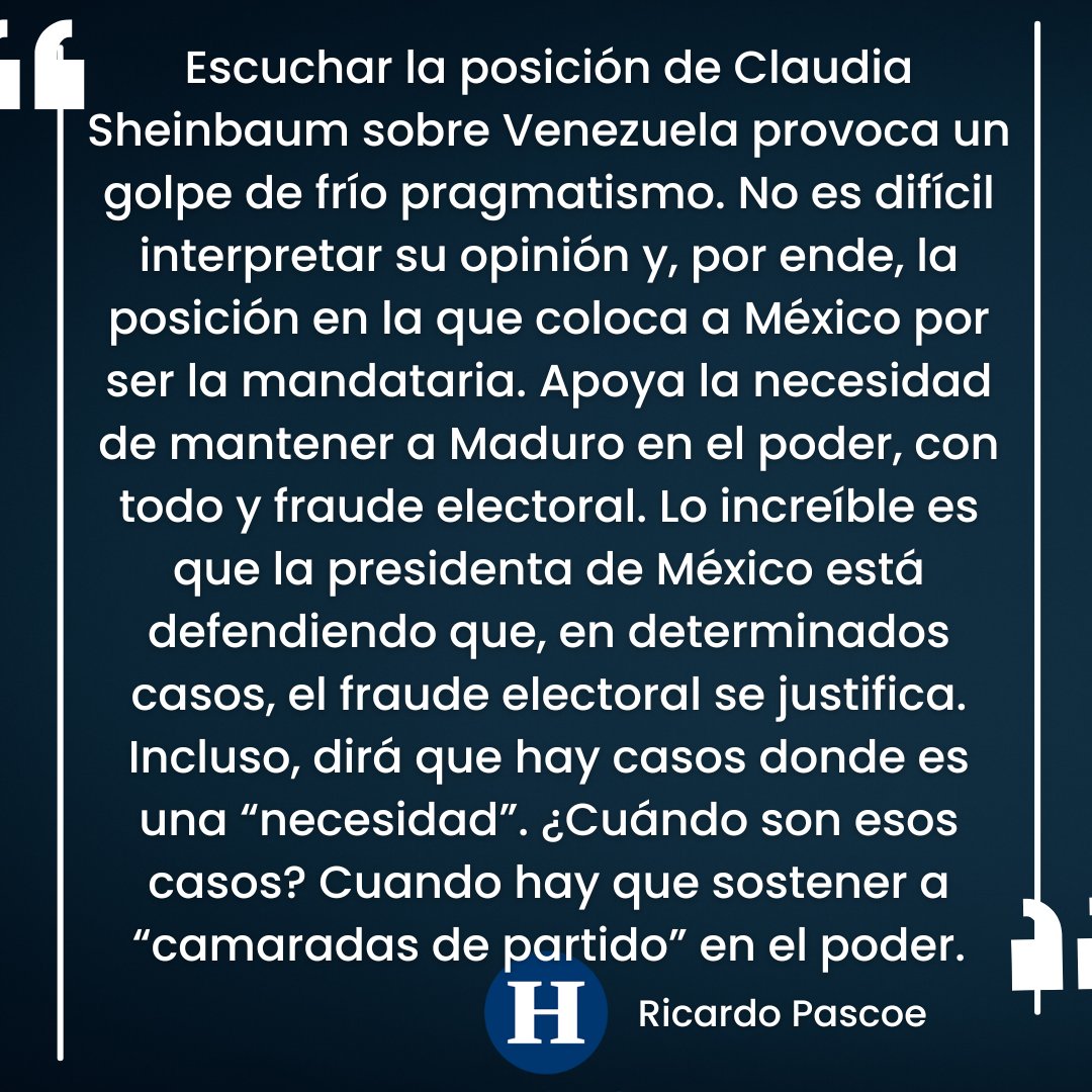 rpascoep's tweet image. Claro, existen elementos suficientes de que ella y su partido cometieron un tipo de fraude electoral al llegar al poder, adjudicándose una mayoría calificada ilegal en el Congreso de la Unión. 

Así que, cuando el Ejecutivo federal defiende el fraude electoral en Venezuela, está…