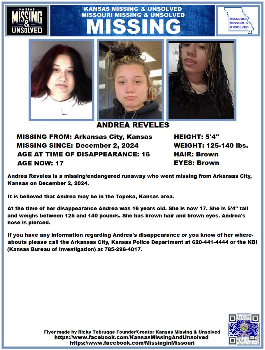 #UPDATE!!! #MISSINGPERSON #MISSING PLEASE SHARE/PRINT/POST!!! ANDREA REVELES (ARKANSAS CITY, KANSAS)!!!

***UPDATED AGE NOW!!!***

<a href="/AnnetteLawless/">Annette Lawless 🌻</a> #KansasMissing #MissingInKS #MissingInKansas #MissingKansas #ArkansasCity #Kansas