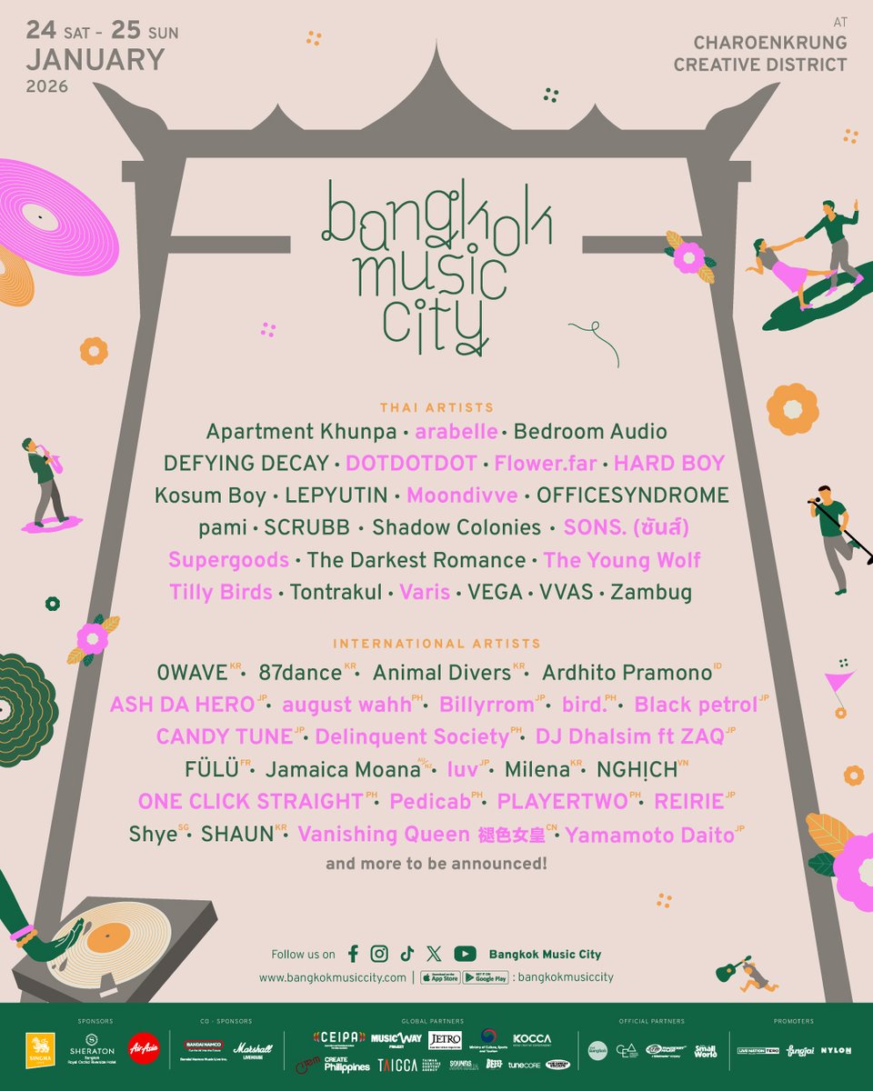 เปิดตัวไลน์อัปที่สองของ Bangkok Music City 2026 ✨

พบกัน 24 – 25  มกราคม 2569   
📷 ย่านสร้างสรรค์เจริญกรุง    

เปิดลงทะเบียนเข้างานฟรี และเลือกซื้อบัตร Priority Lane  ผ่านแอปฯ Bangkok Music City  linktr.ee/BMC2026
__
#BMC2026