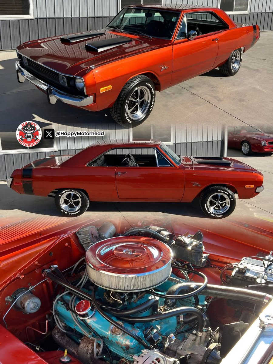 HappyMotorhead's tweet image. ♦️🔸️💎🔸️♦️🔹️💎🔹️♦️🔸️💎🔸️♦️

This stunning red classic Mopar looks ready to dominate the streets—or at least the cruise night! 😏

Is this a **1972 Dodge Dart Swinger** flexing with that aggressive black hood scoop and striped fender, or did someone turn a…