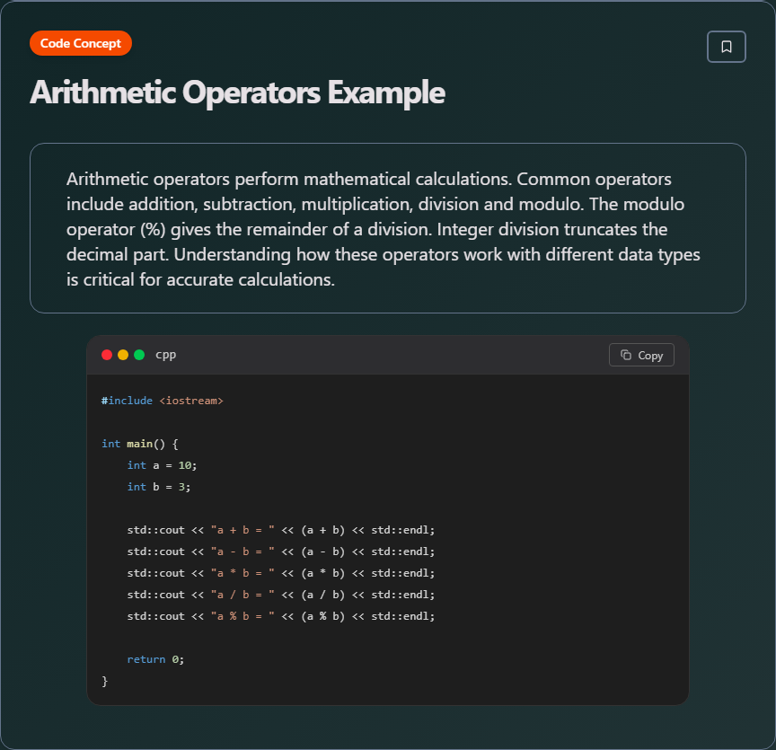 techielearns's tweet image. ✨ Arithmetic Operators Example (C++)

Learn more on our website: techielearns.com

#c++ #programming #coding #tech #learning #100DaysOfCode #DevLife