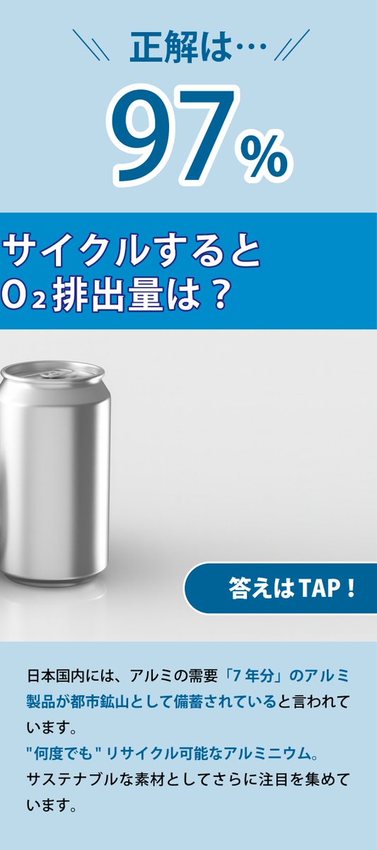 ＼アルミクイズ👀／

アルミ缶をリサイクルして再びアルミ缶にすると、原料からつくる場合と比べて、二酸化炭素排出量をどのくらい削減できるでしょう？

A：80%
B：90％
C：97％

ヒント：アルミニウムのリサイクルは、驚くほど「省エネ」です⚡️

わかった方はぜひリプライでお答えください💬