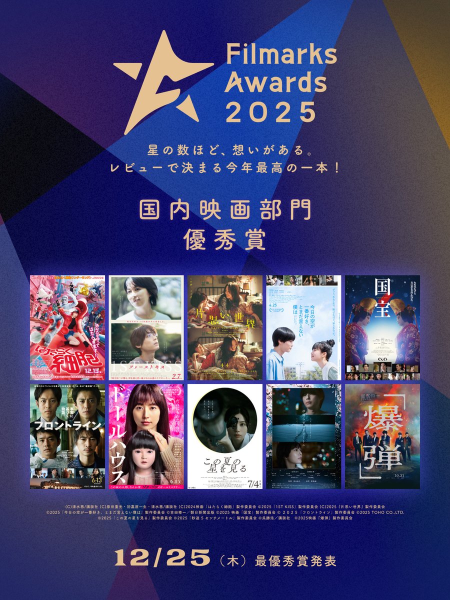/／
Filmarks Awards 2025
国内映画部門 優秀賞発表🎉
\＼

Filmarks内のデータをもとに選出された
今年最も多くの⼈々の⼼を動かした10作品です✨

最優秀賞は12/25に発表🗓
引用リポスト or #FilmarksAwards2025 をつけて予想しよう！

優秀賞作品の詳細はこちらから👇
filmaga.filmarks.com/articles/32926…