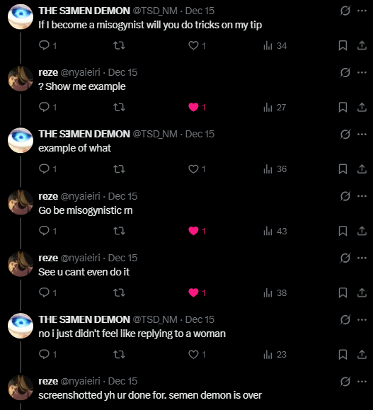 <a href="/CarlTheWingman/">🎀Carl's 𝕮𝖚𝖑𝖙🎀 || Naoya's #1 hater</a> <a href="/nyaieiri/">reze</a> She manipulated me into being misogynistic with a promise to do tricks on my tip. This truly terrifies me and does not let me sleep at night. I feel so guilty for what she forced me to say. She then proceeded to threaten me with the thing she forced me to say