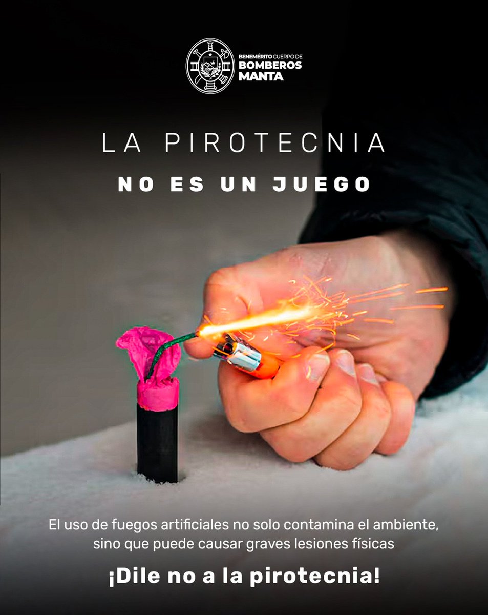 #BomberosManta 
La pirotecnia no es un juego, es un riesgo para todos. Antes de encender un fuego artificial, piensa en las graves consecuencias que puedan ocurrir.