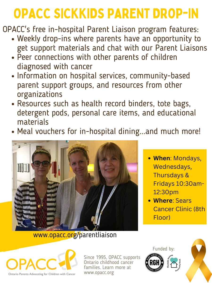 OpaccOrg's tweet image. Our Parent Liaisons will be at SickKids today from 10:30am-12:30pm (Sears Cancer Clinic) for our #childhoodcancer parent support drop-in. If you are in hospital, please stop by to say Hi and get FREE resources and peer support! opacc.org/parentliaison