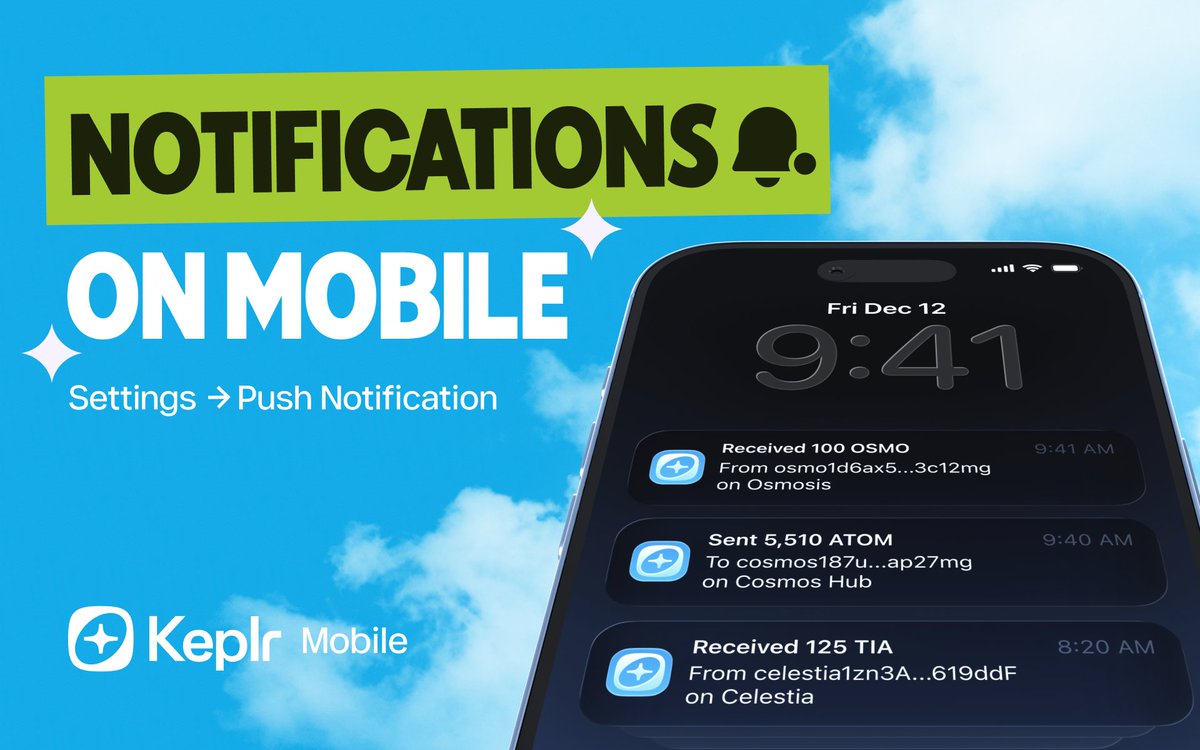 keplrwallet's tweet photo. 🔔 Get notified when tokens move.

Send & Receive push notifications are now live on Keplr Mobile 🚀

Get real-time alerts for token transfers across the Cosmos ecosystem, right on your lock screen.

👉 Update Keplr Mobile to the latest version, and enable notifications in:
• Your device settings → Allow notifications for Keplr
• Keplr Mobile → Settings → Push Notifications