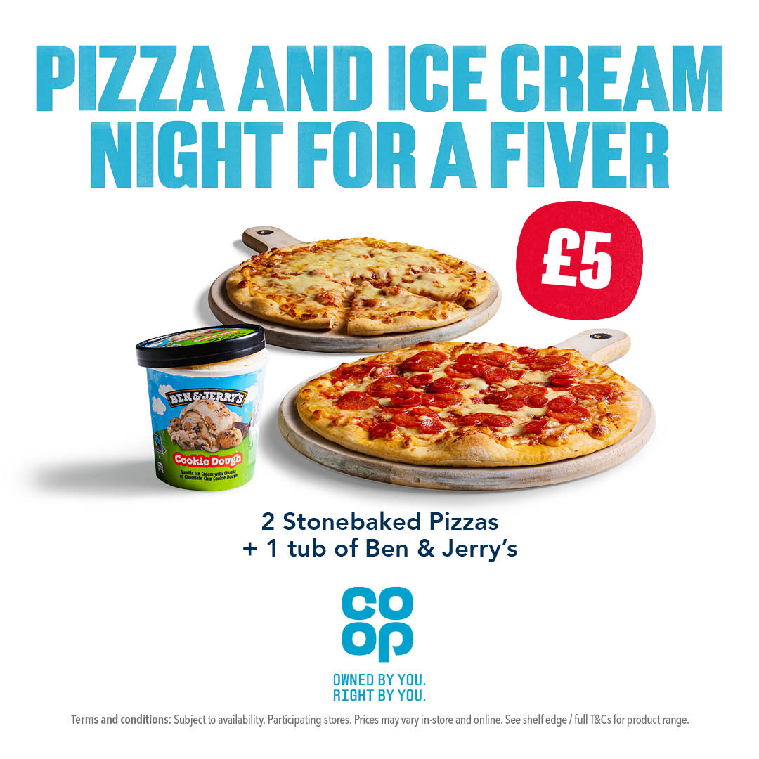 Pop to your local <a href="/coopuk/">Co-op</a> to get 2 stonebaked pizzas and Ben &amp; Jerry's ice cream for £5 🍕 🍨 Offer ends 2nd January.