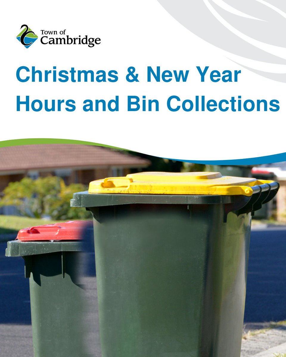 Over Christmas and New Year, some rubbish and recycling collections will shift to the following day. Please place your bins on the verge by 6am. 🗑️

🔗Check the full festive bin timetable and opening hours: cambridge.wa.gov.au/Christmas-Clos…

#BinDayReminder #TownOfCambridge #WasteSorted