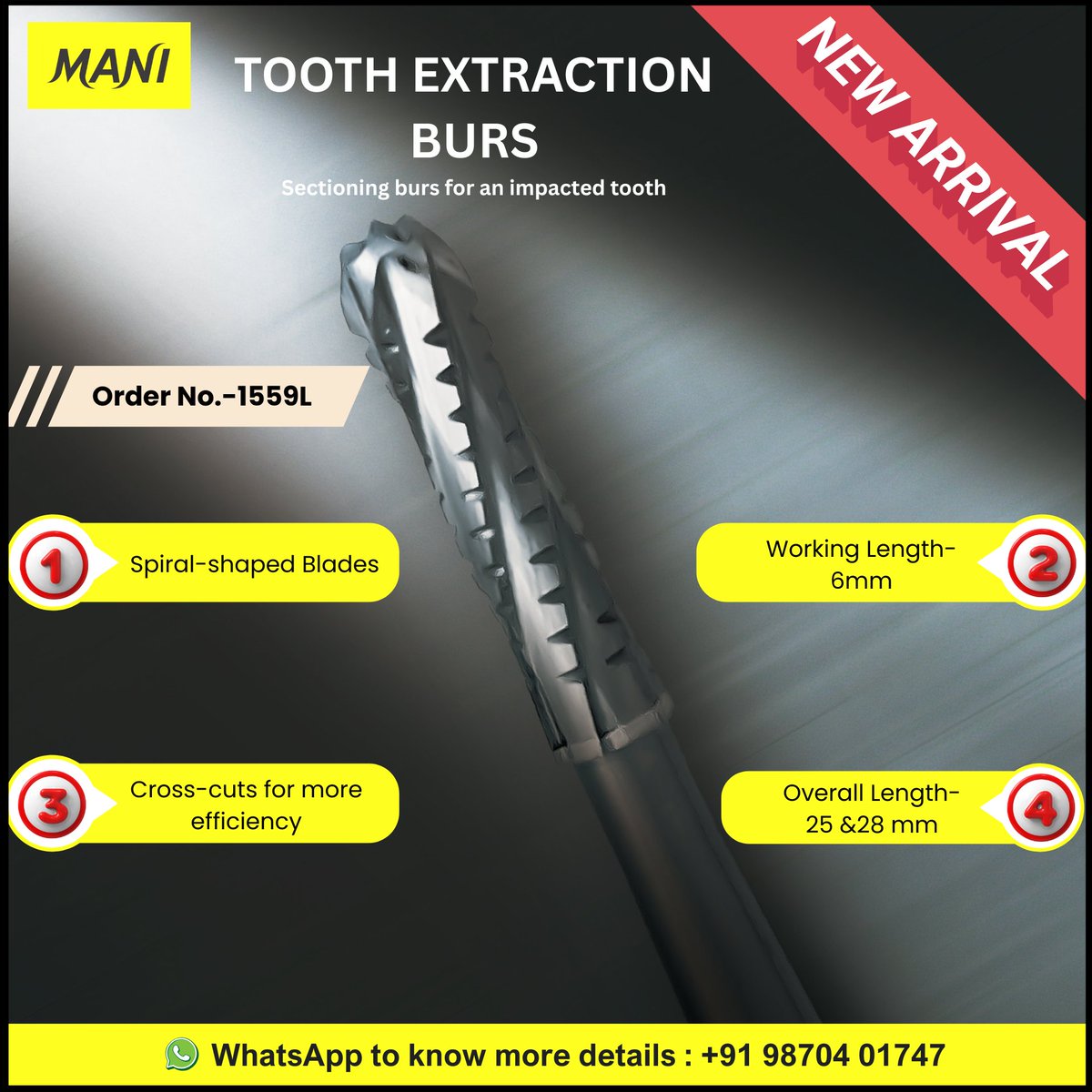 ManiMedicalInd's tweet photo. New Arrival- ๐๐จ๐จ๐ญ๐ก ๐๐ฑ๐ญ๐ซ๐๐๐ญ๐ข๐จ๐ง ๐๐ฎ๐ซ ๐
Sectioning burs for an impacted tooth
"๐๐ก๐ ๐๐๐ฌ๐ญ ๐๐ฎ๐๐ฅ๐ข๐ญ๐ฒ ๐๐ง ๐๐ก๐ ๐๐จ๐ซ๐ฅ๐, ๐๐จ ๐๐ก๐ ๐๐จ๐ซ๐ฅ๐"
#MANI #carbideburs #Dental #dentistrylife #dentistry #dentalcare #ษดแดแดกแดสสษชแด แดส #newlaunch https://t.co/Rs4q1399hJ