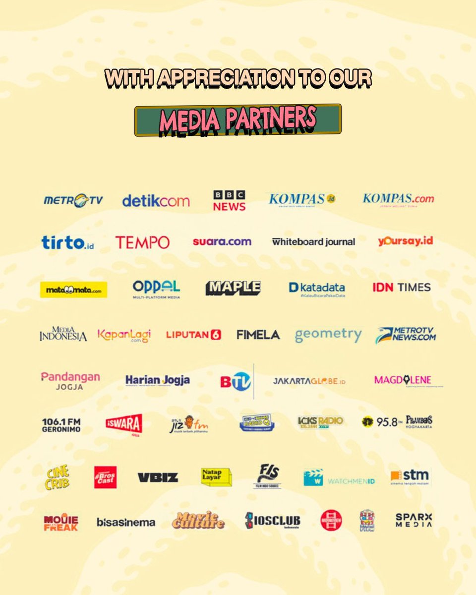 To our valued media partners, thank you for being part of JAFF20. Your coverage, collaboration, and continued support helped bring the festival’s stories to a wider audience.

We deeply appreciate your contributions throughout this edition!

#JAFF20 #JAFFJogja