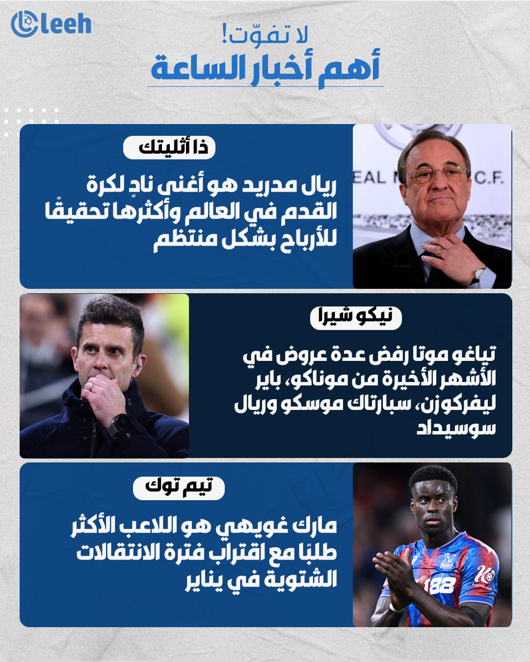 أبرز أخبار الساعات الماضية. ذا أثليتك | ريال مدريد هو أغنى نادٍ لكرة القدم في العالم وأكثرها تحقيقًا للأرباح بشكل منتظم. نيكو شيرا | تياغو موتا رفض عدة عروض في الأشهر الأخيرة من موناكو، باير ليفركوزن، سبارتاك موسكو وريال سوسيداد.. المدرب لا يزال مرتبطًا بعقد مع يوفنتوس حتى عام 2027 (بقيمة 4 ملايين يورو سنويًا)، ولم يغيّر خططه؛ إذ يرغب في أخذ عام راحة.. تيم توك | مارك غويهي هو اللاعب الأكثر طلبًا مع اقتراب فترة الانتقالات الشتوية في يناير.. أبلغت أندية تشيلسي، ليفربول، مانشستر سيتي، مانشستر يونايتد وتوتنهام هوتسبير مدافع كريستال بالاس برغبتها في تقديم عقد له خلال هذا الشتاء.. وعلى مستوى أوروبا، قد تصل عروض أيضًا من أتلتيكو مدريد، برشلونة، ريال مدريد، بايرن ميونخ، إنتر، يوفنتوس، باريس سان جيرمان وغلطة سراي 