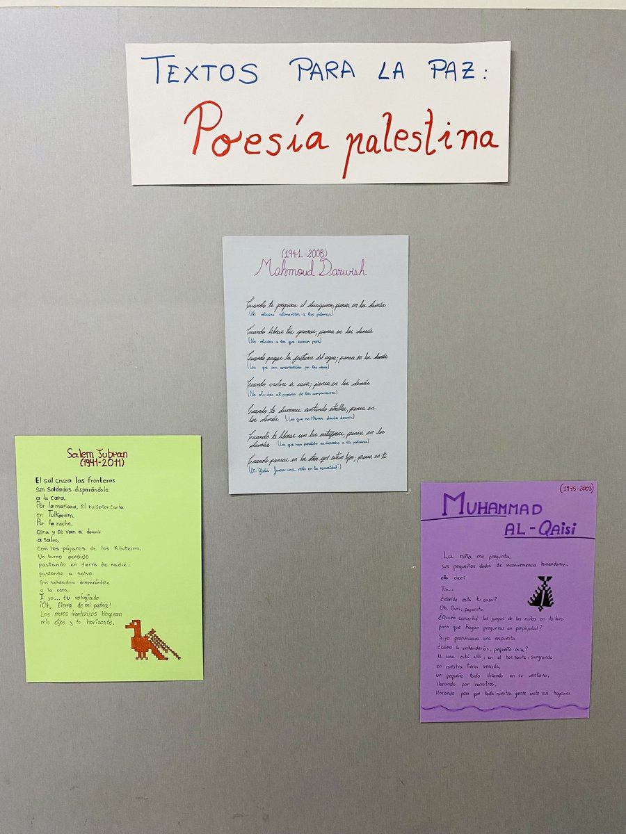 Los alumnos de Literatura Universal han querido homenajear estas fechas de una manera un tanto especial a través de nuestros "textos para la paz: poesía palestina", y lo hacen a través dela poesía.

#textosparalapazpoesíapalestina

#planlectorelpaisajeiesjoseluiscastillopuche